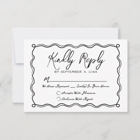 Hand getrokken eigenzinnige grillige bruiloft RSVP kaartje (Voorkant)