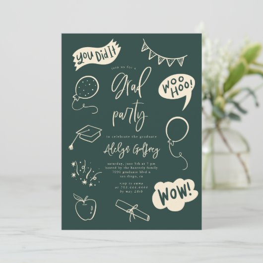 Hand getrokken eigenzinnige groene afstudeerfeest  kaart (Staand voorkant)
