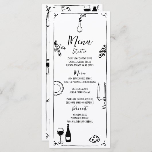 Hand getrokken eigenzinnige handgeschreven bruilof menu (Voorkant / Achterkant)