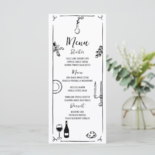 Hand getrokken eigenzinnige handgeschreven bruilof menu (Staand voorkant)