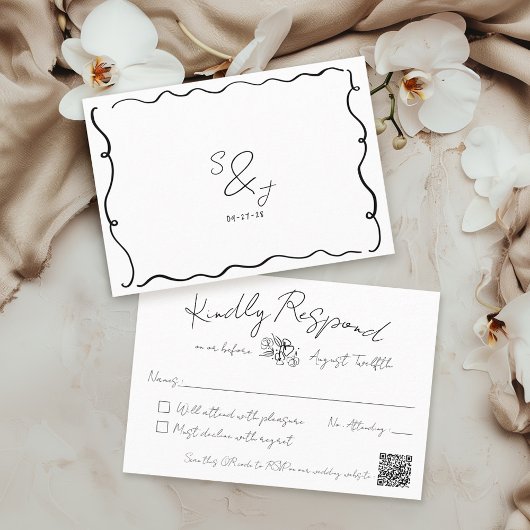 Hand getrokken eigenzinnige krabbel zwart en wit b RSVP kaartje