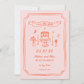 Hand getrokken eigenzinnige leuke retro bruiloft save the date (Voorkant)