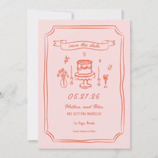 Hand getrokken eigenzinnige leuke retro bruiloft save the date (Voorkant)