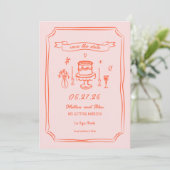 Hand getrokken eigenzinnige leuke retro bruiloft save the date (Staand voorkant)