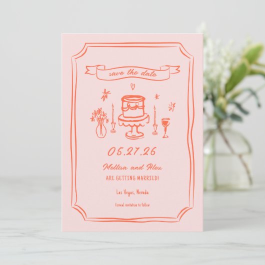 Hand getrokken eigenzinnige leuke retro bruiloft save the date (Staand voorkant)
