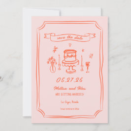 Hand getrokken eigenzinnige leuke retro bruiloft save the date