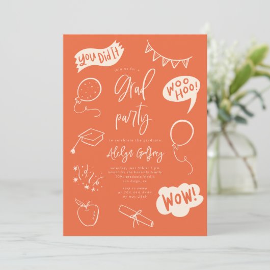 Hand getrokken eigenzinnige Oranje afstudeerfeest Kaart (Staand voorkant)