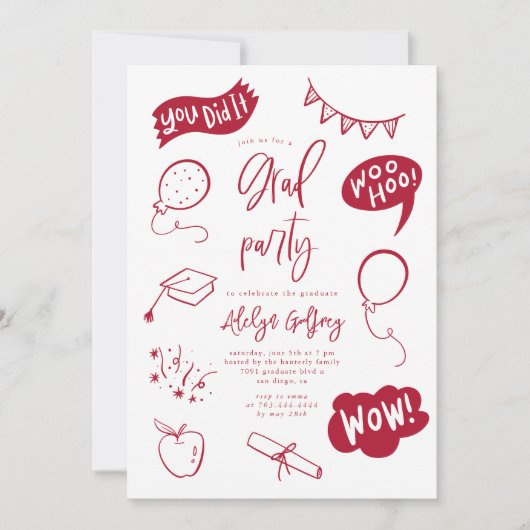 Hand getrokken eigenzinnige rode afstudeerfeest kaart (Voorkant)