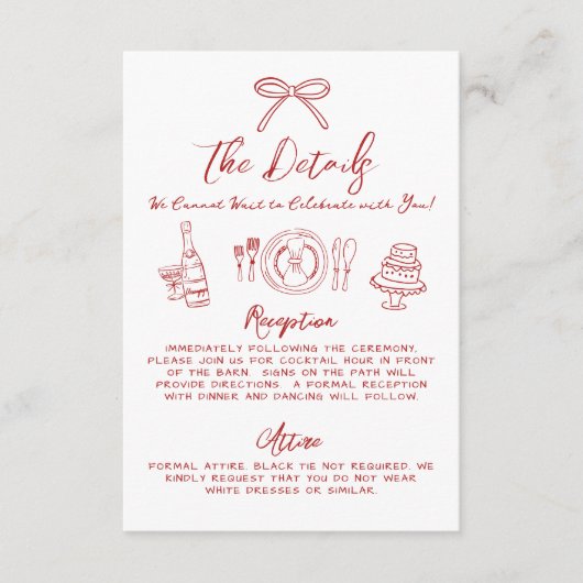 Hand getrokken eigenzinnige rode grillige bruiloft informatiekaartje (Voorkant)