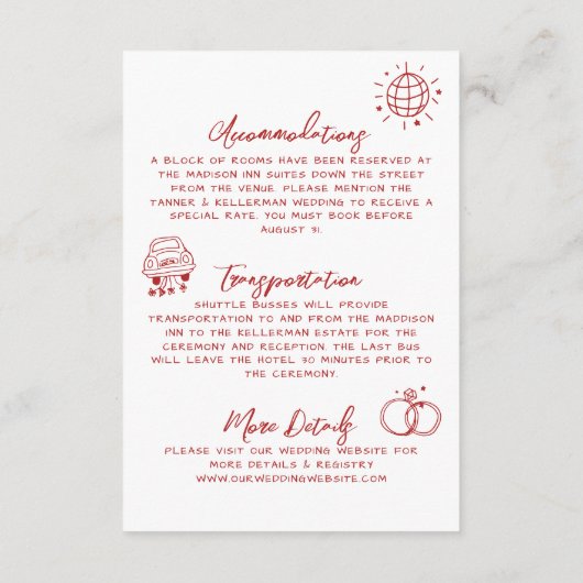 Hand getrokken eigenzinnige rode grillige bruiloft informatiekaartje (Achterkant)