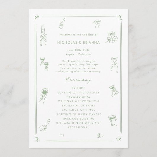 Hand getrokken eigenzinnige witte en wijze groene  programmakaart (Voorkant)