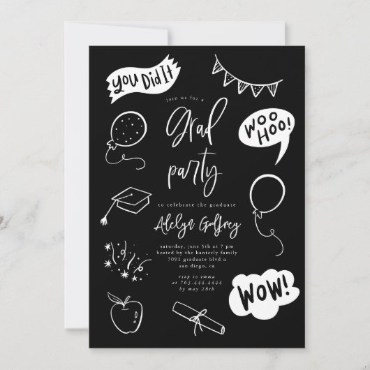 Hand getrokken eigenzinnige zwarte afstudeerfeest kaart (Voorkant)