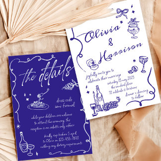 Hand getrokken Elegante Retro Blauwe Huwelijksuitn Kaart