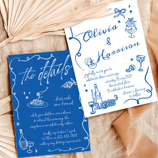 Hand getrokken Elegante Retro Blauwe Huwelijksuitn Kaart