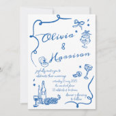 Hand getrokken Elegante Retro Blauwe Huwelijksuitn Kaart (Voorkant)