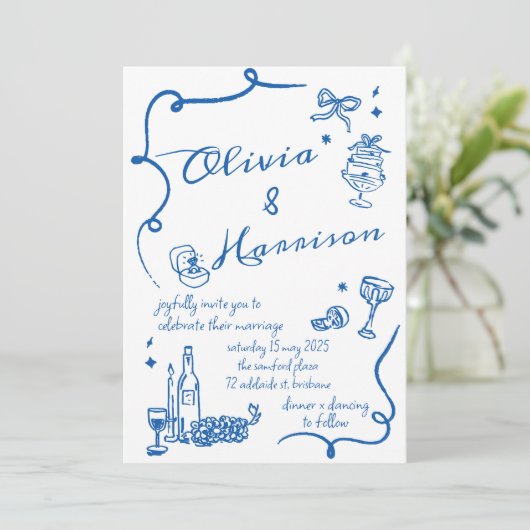 Hand getrokken Elegante Retro Blauwe Huwelijksuitn Kaart (Staand voorkant)