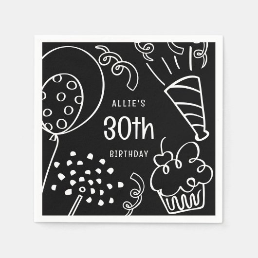 Hand getrokken elke leeftijd verjaardagsfeestje zw servet (Voorkant)