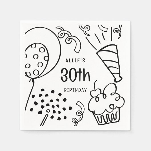Hand getrokken elke leeftijd verjaardagsfeestje zw servet (Voorkant)