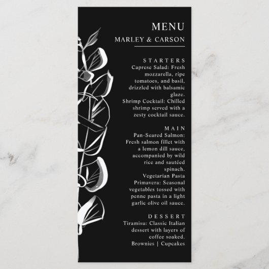 Hand getrokken Eucalyptus Spring Slanke zwarte bru Menu (Voorkant)