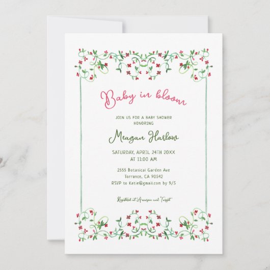 Hand getrokken Floral Baby in Bloom Meisje Baby sh Kaart (Voorkant)