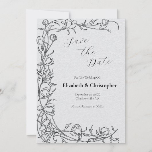 Hand getrokken Floral Botanical Save The Date Grey Kaart (Voorkant)