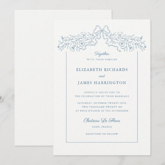 Hand getrokken Floral Bow Lijst Stoffig Blauw Brui Kaart (Voorkant / Achterkant)