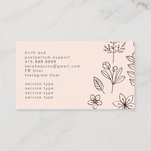 Hand getrokken Floral Doodle Doula Aqua Geboorteco Visitekaartje (Achterkant)