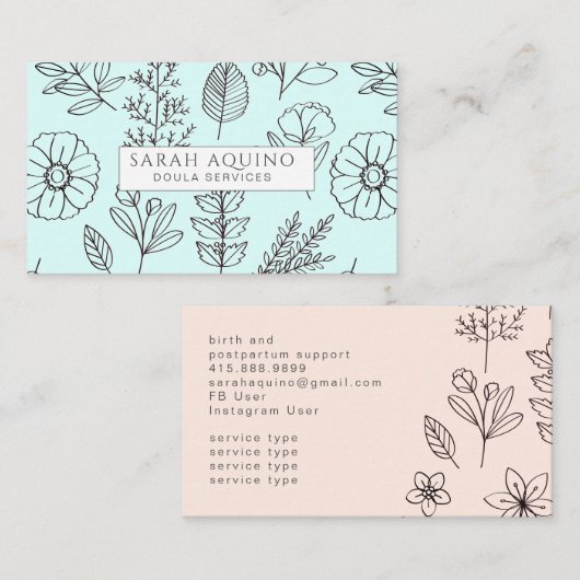 Hand getrokken Floral Doodle Doula Aqua Geboorteco Visitekaartje (Voorkant / Achterkant)