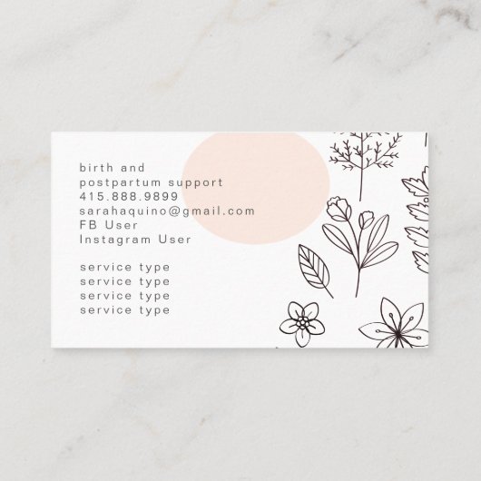 Hand getrokken Floral Doodle Doula Geboortecoach W Visitekaartje (Achterkant)