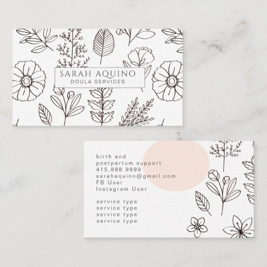 Hand getrokken Floral Doodle Doula Geboortecoach W Visitekaartje (Voorkant / Achterkant)
