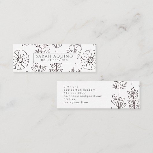 Hand getrokken Floral Doodle Doula White Geboorte  Mini Visitekaartje (Voorkant / Achterkant)