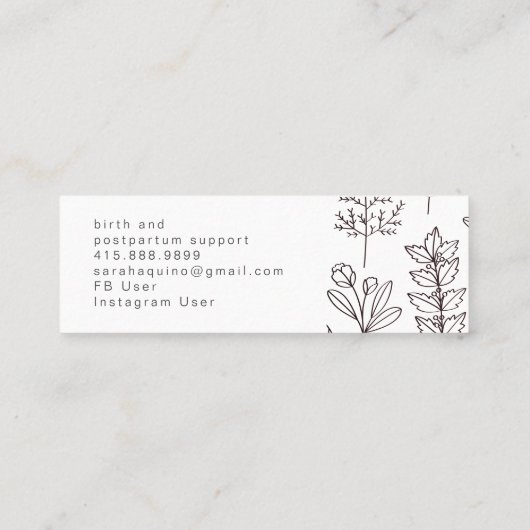 Hand getrokken Floral Doodle Doula White Geboorte  Mini Visitekaartje (Achterkant)