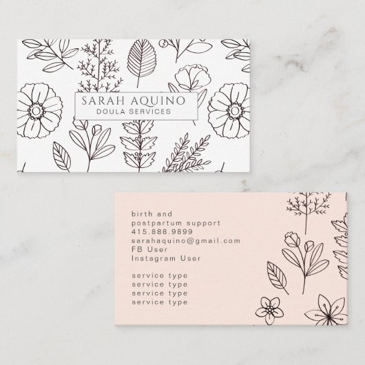 Hand getrokken Floral Doodle Doula White Geboorte  Visitekaartje (Voorkant / Achterkant)