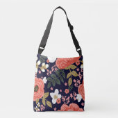Hand getrokken floral navy koraal cross body canva crossbody tas (Voorkant)