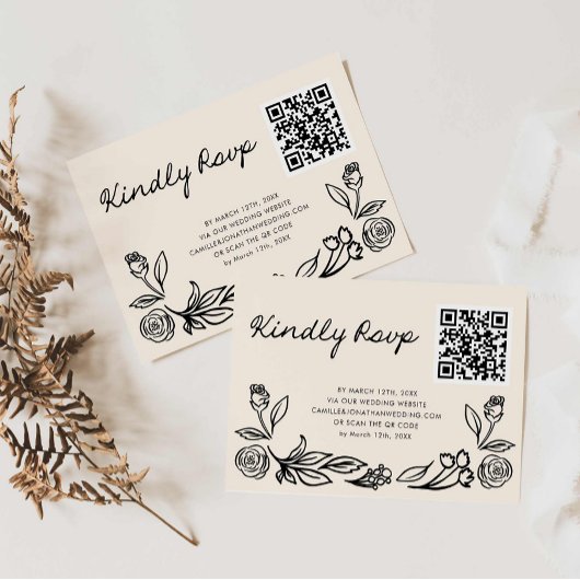Hand getrokken Floral QR Code RSVP Bruiloft Kaart