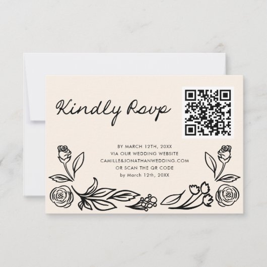 Hand getrokken Floral QR Code RSVP Bruiloft Kaart (Voorkant)