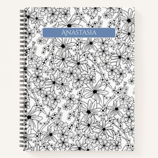 Hand getrokken Floral Zwart Wit Patroon & Blauwe N Notitieboek (Voorkant)