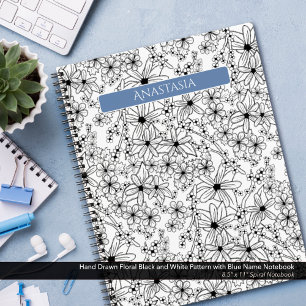 Hand getrokken Floral Zwart Wit Patroon & Blauwe N Notitieboek