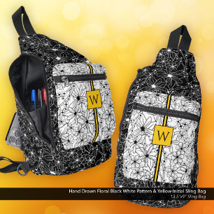 Hand getrokken Floral Zwart Wit Patroon met Initia Sling Bag