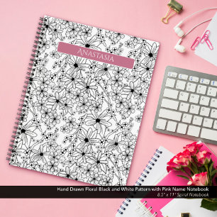Hand getrokken Floral Zwart Wit Patroon & Roze Naa Notitieboek