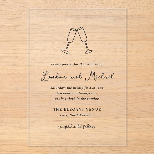 Hand getrokken fluiten Doodle moderne bruiloft Acryl Uitnodigingen (Voorkant)