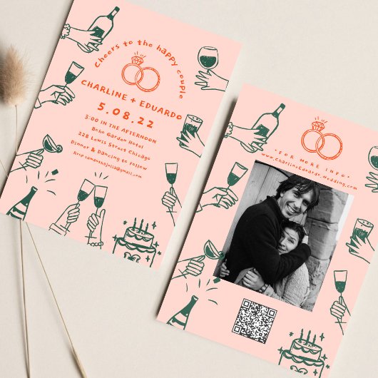 Hand getrokken Foto Arcode Hedendaagse Bruiloft Kaart