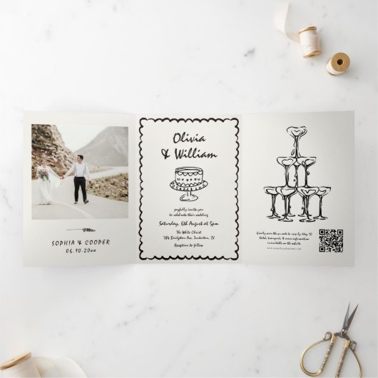  Hand Getrokken Foto Huwelijk Drieluik Uitnodiging (Binnen)