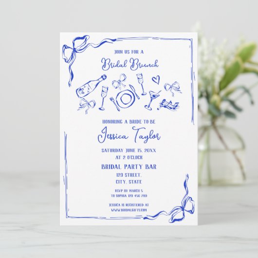 Hand getrokken Frans Blauw Bridal Brunch Franse st Kaart (Staand voorkant)