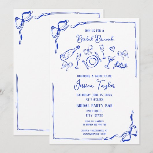 Hand getrokken Frans Blauw Bridal Brunch Franse st Kaart (Voorkant / Achterkant)