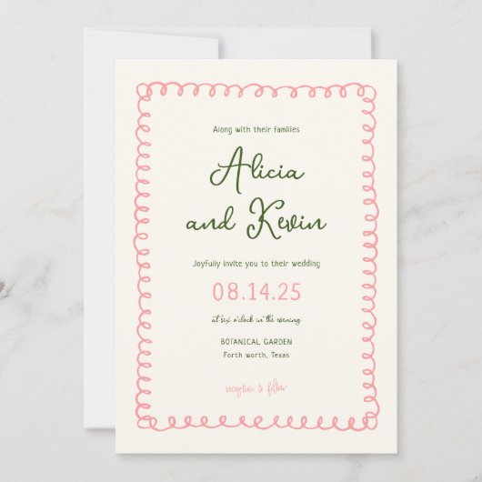 Hand getrokken Frans Roze en Groene Huwelijksfoto Kaart (Voorkant)