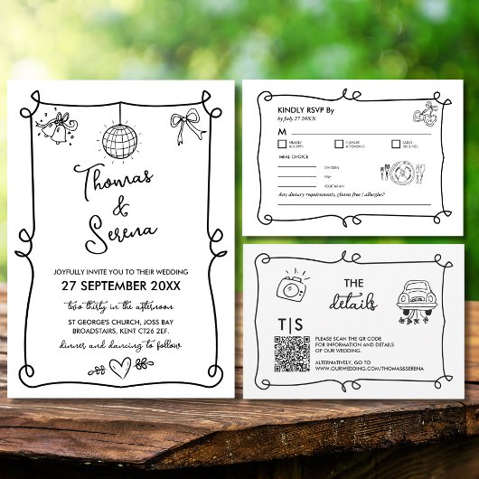 Hand getrokken Franse grillige Doodle bruiloft Kaart