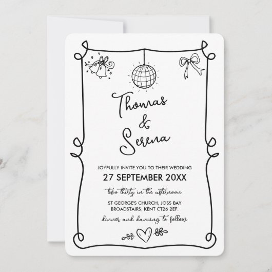 Hand getrokken Franse grillige Doodle bruiloft Kaart (Voorkant)