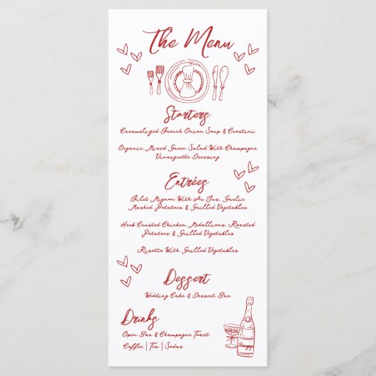 Hand getrokken Franse rode grillige bruiloft Menu (Voorkant)