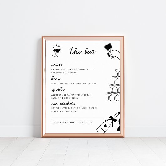 Hand getrokken Franse Wedding Bar Drink Menu Teken Poster